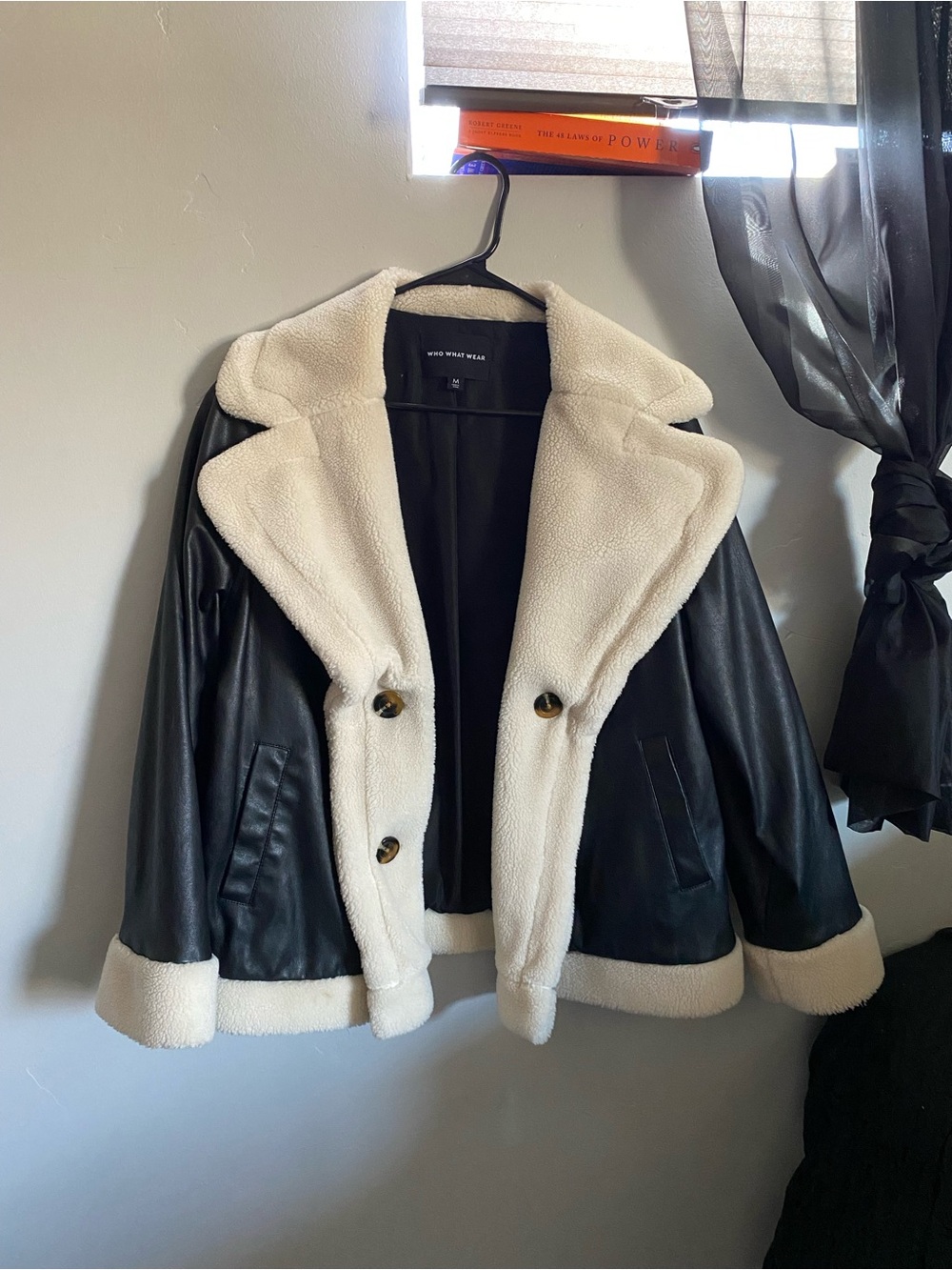 Who What Wear Black Faux Leather Teddy Jacket with Cream Sherpa Trim